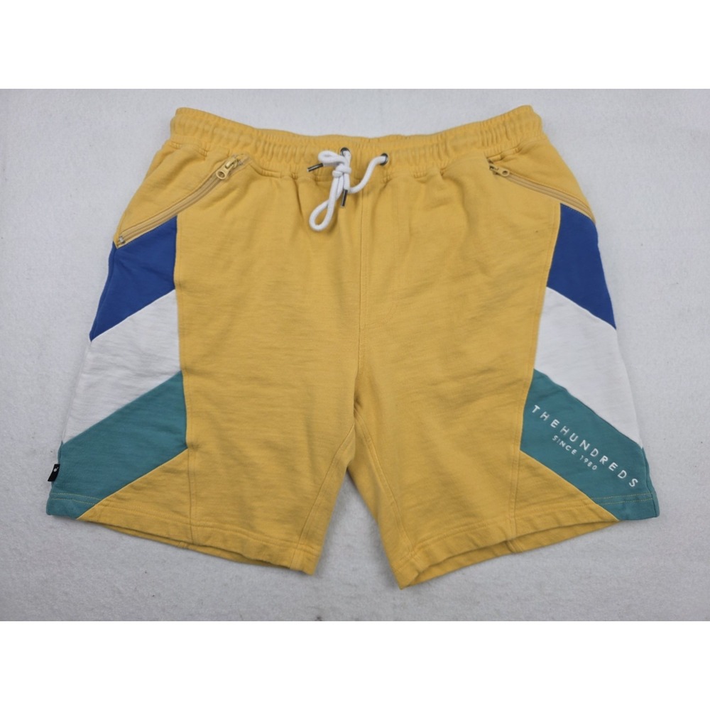 Vintage Y2K The Hundreds Yellow Fleece Shorts Zipped Pockets Drawstring Mens L‎